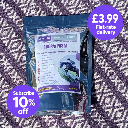Amino performance 100% MSM for horses 1kg with 10% subscription discount and £3.99 flat-rate UK delivery
